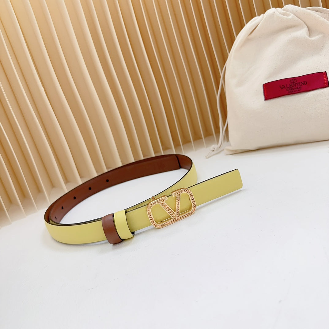 Vlogo Buckle Water Wave Gold Copper Glossy Brown Yellow Leather 20mm Belt - 30