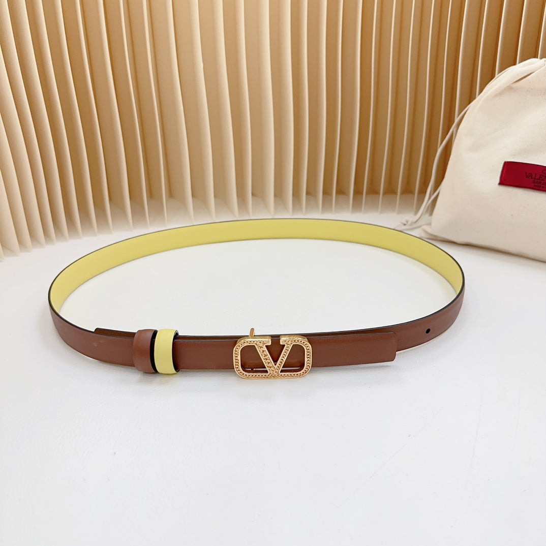 Vlogo Buckle Water Wave Gold Copper Glossy Brown Yellow Leather 20mm Belt - 30