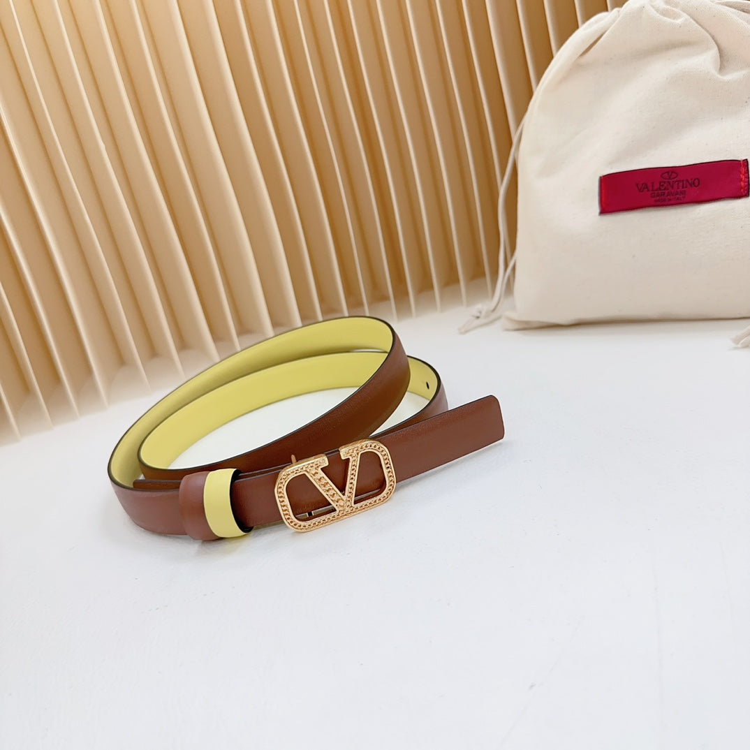 Vlogo Buckle Water Wave Gold Copper Glossy Brown Yellow Leather 20mm Belt - 30
