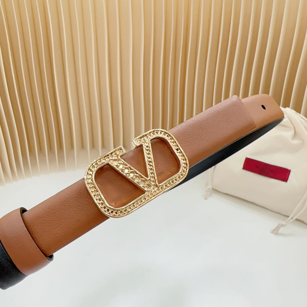 Vlogo Buckle Water Wave Gold Copper Glossy Brown Black Leather 20mm Belt - 30