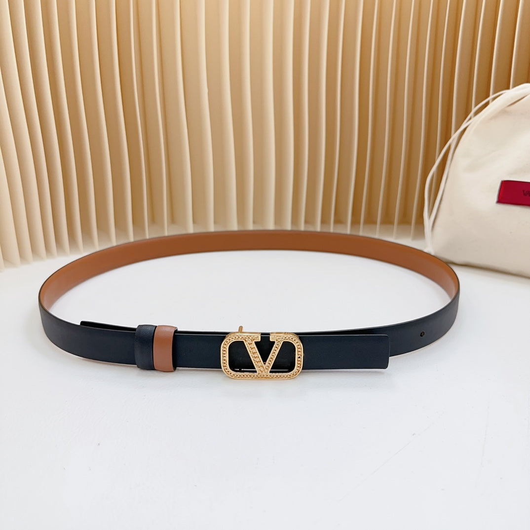 Vlogo Buckle Water Wave Gold Copper Glossy Brown Black Leather 20mm Belt - 30