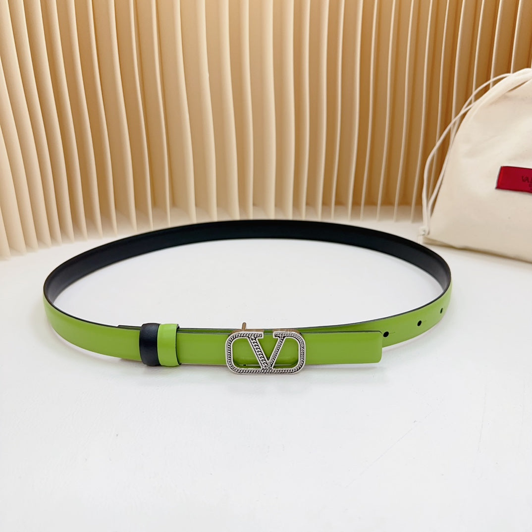 Vlogo Buckle Water Wave Silver Copper Glossy Green Black Leather 20mm Belt - 30