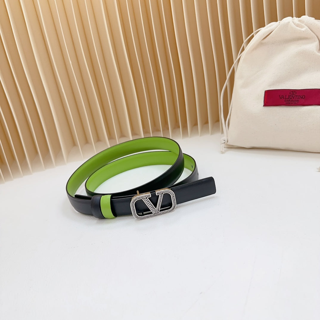 Vlogo Buckle Water Wave Silver Copper Glossy Green Black Leather 20mm Belt - 30