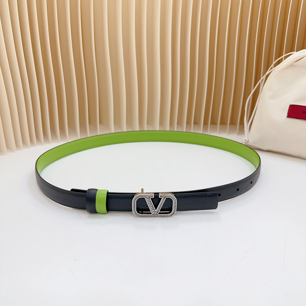 Vlogo Buckle Water Wave Silver Copper Glossy Green Black Leather 20mm Belt - 30