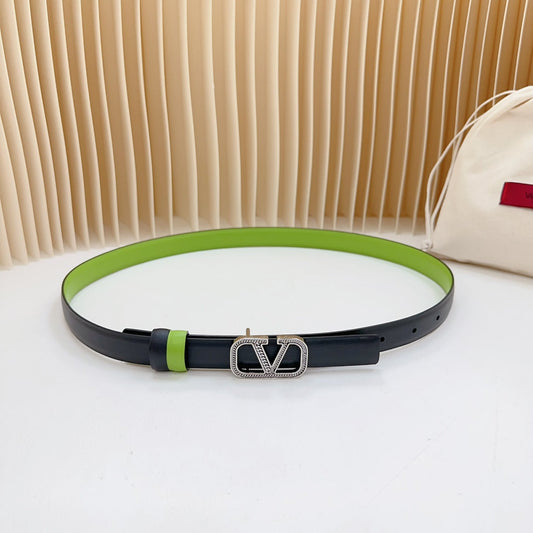 Vlogo Buckle Water Wave Silver Copper Glossy Green Black Leather 20mm Belt - 30