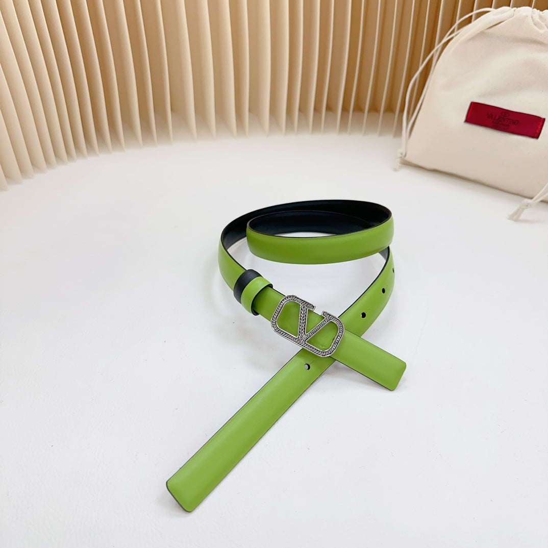 Vlogo Buckle Water Wave Silver Copper Glossy Green Black Leather 20mm Belt - 30