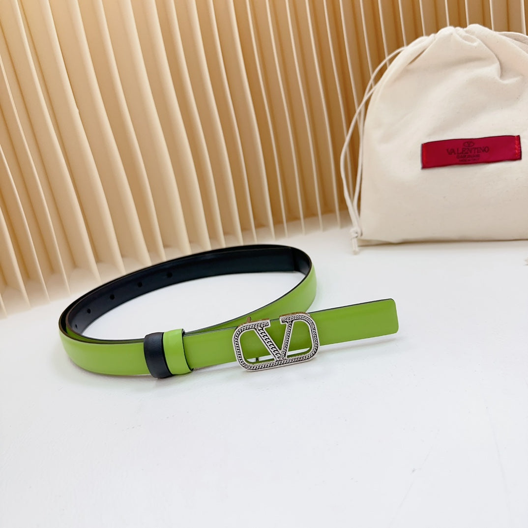 Vlogo Buckle Water Wave Silver Copper Glossy Green Black Leather 20mm Belt - 30