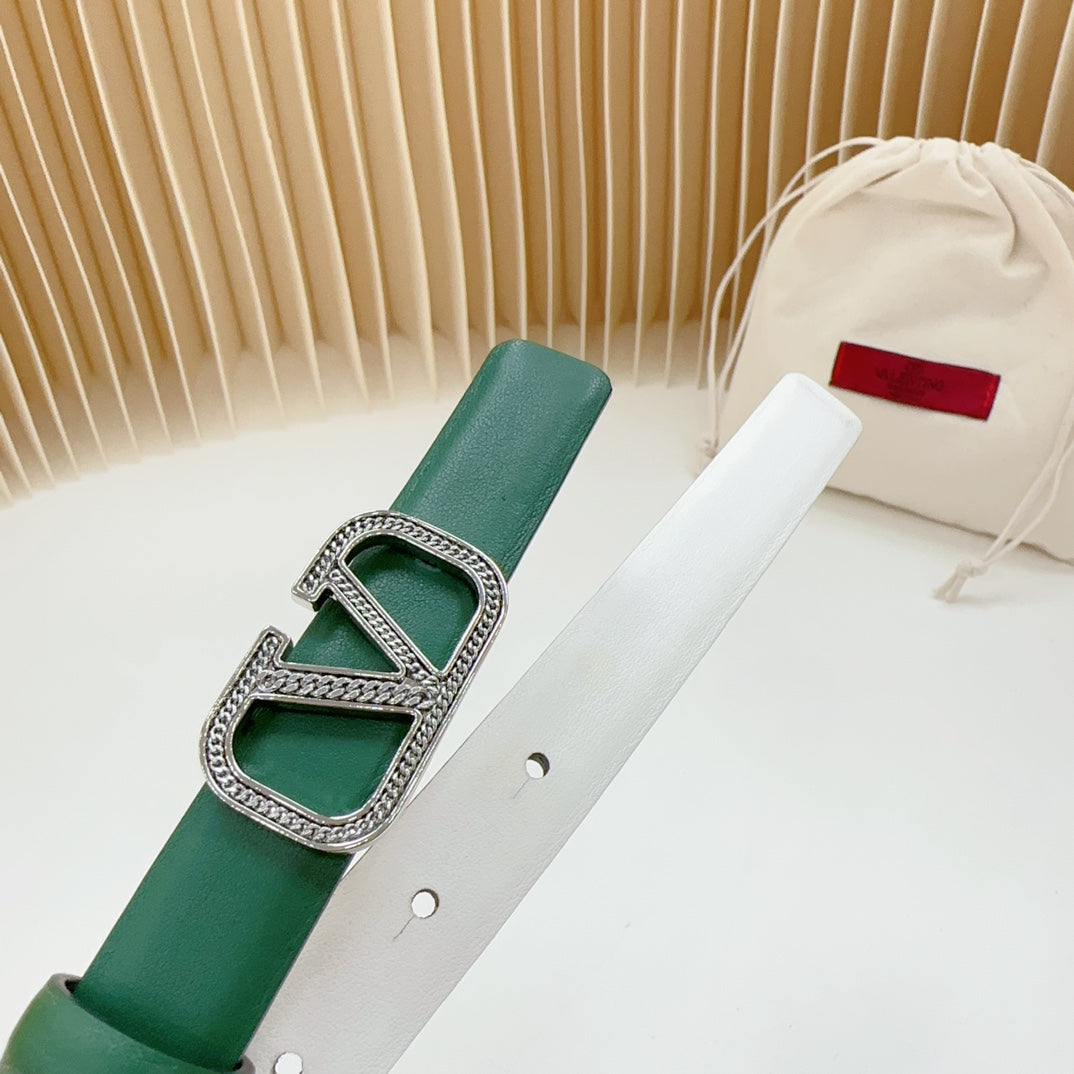 Vlogo Buckle Water Wave Silver Copper Glossy Dark Green White Leather 20mm Belt - 30