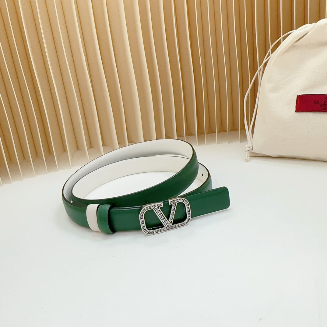 Vlogo Buckle Water Wave Silver Copper Glossy Dark Green White Leather 20mm Belt - 30