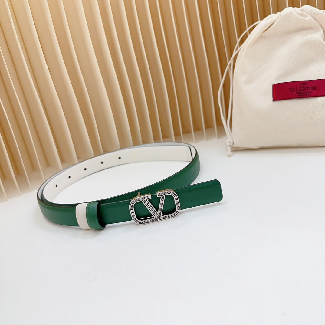 Vlogo Buckle Water Wave Silver Copper Glossy Dark Green White Leather 20mm Belt - 30