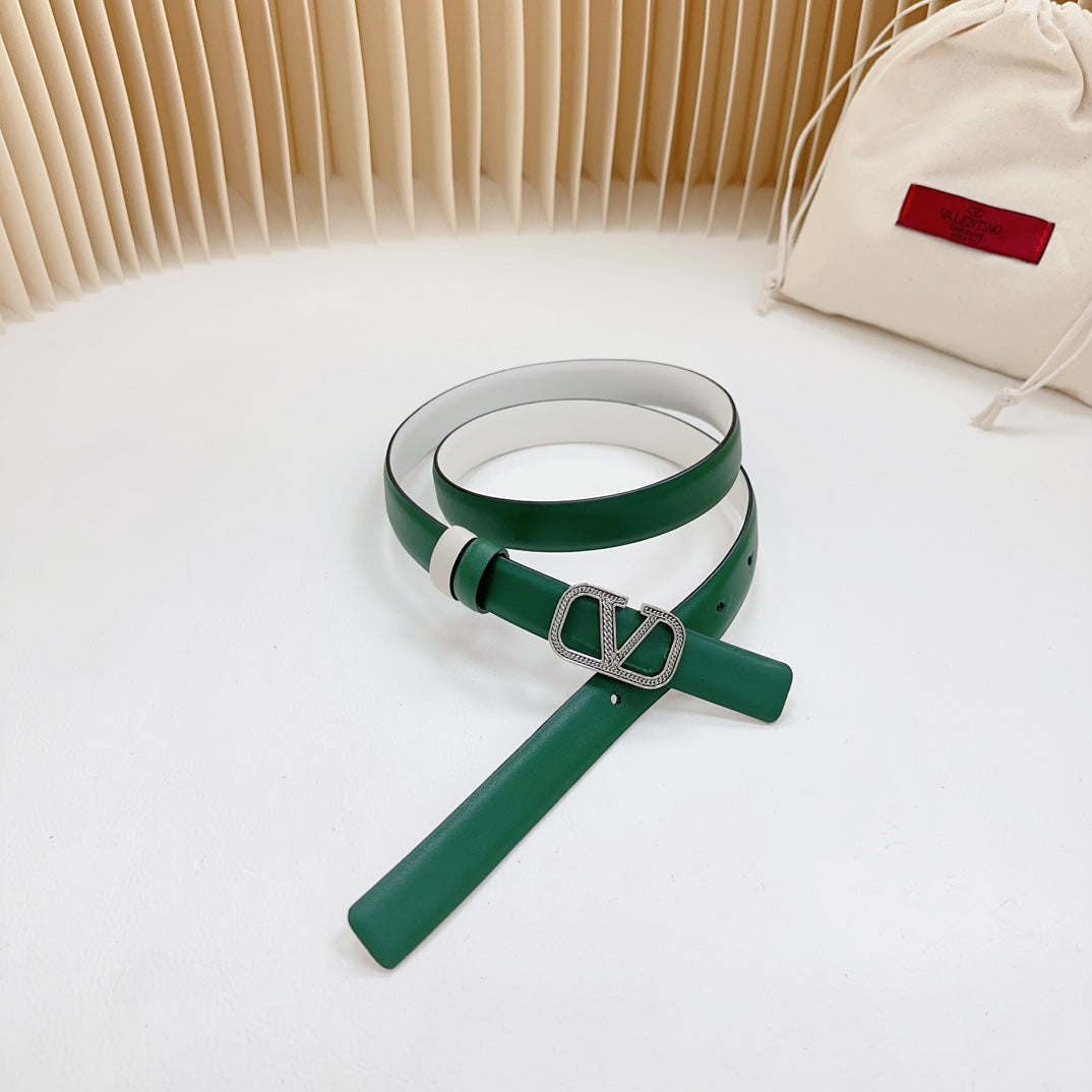 Vlogo Buckle Water Wave Silver Copper Glossy Dark Green White Leather 20mm Belt - 30