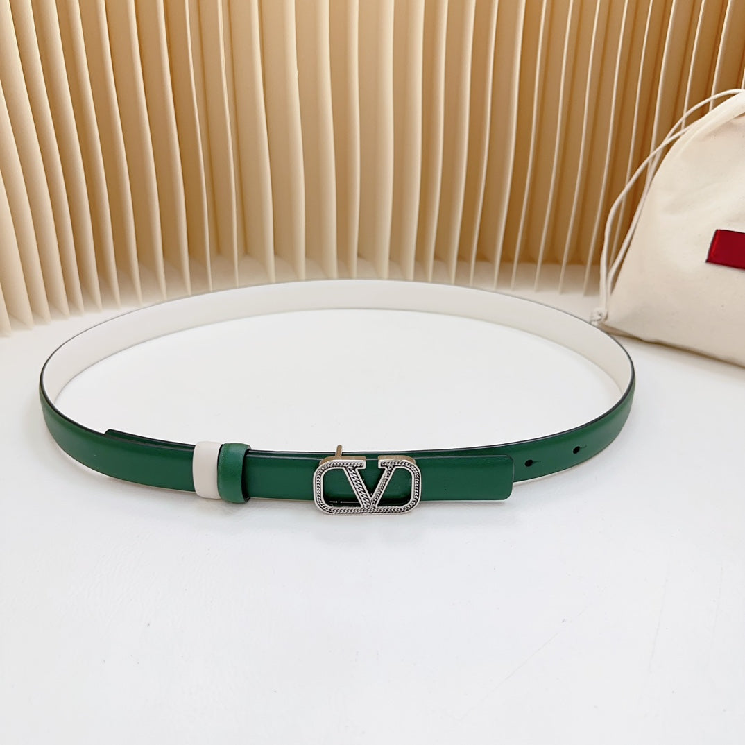 Vlogo Buckle Water Wave Silver Copper Glossy Dark Green White Leather 20mm Belt - 30