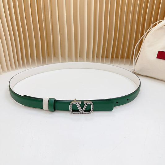 Vlogo Buckle Water Wave Silver Copper Glossy Dark Green White Leather 20mm Belt - 30