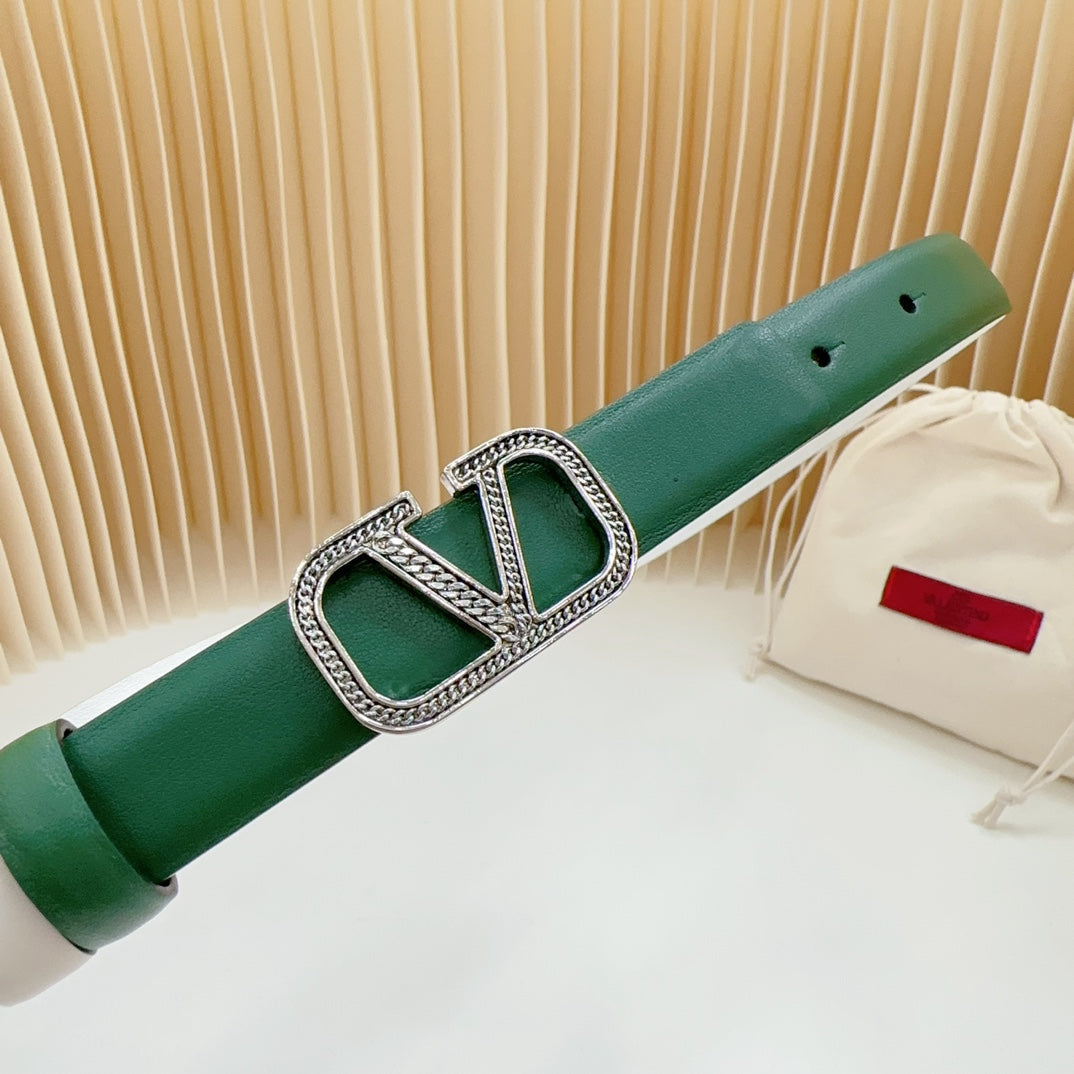 Vlogo Buckle Water Wave Silver Copper Glossy Dark Green White Leather 20mm Belt - 30
