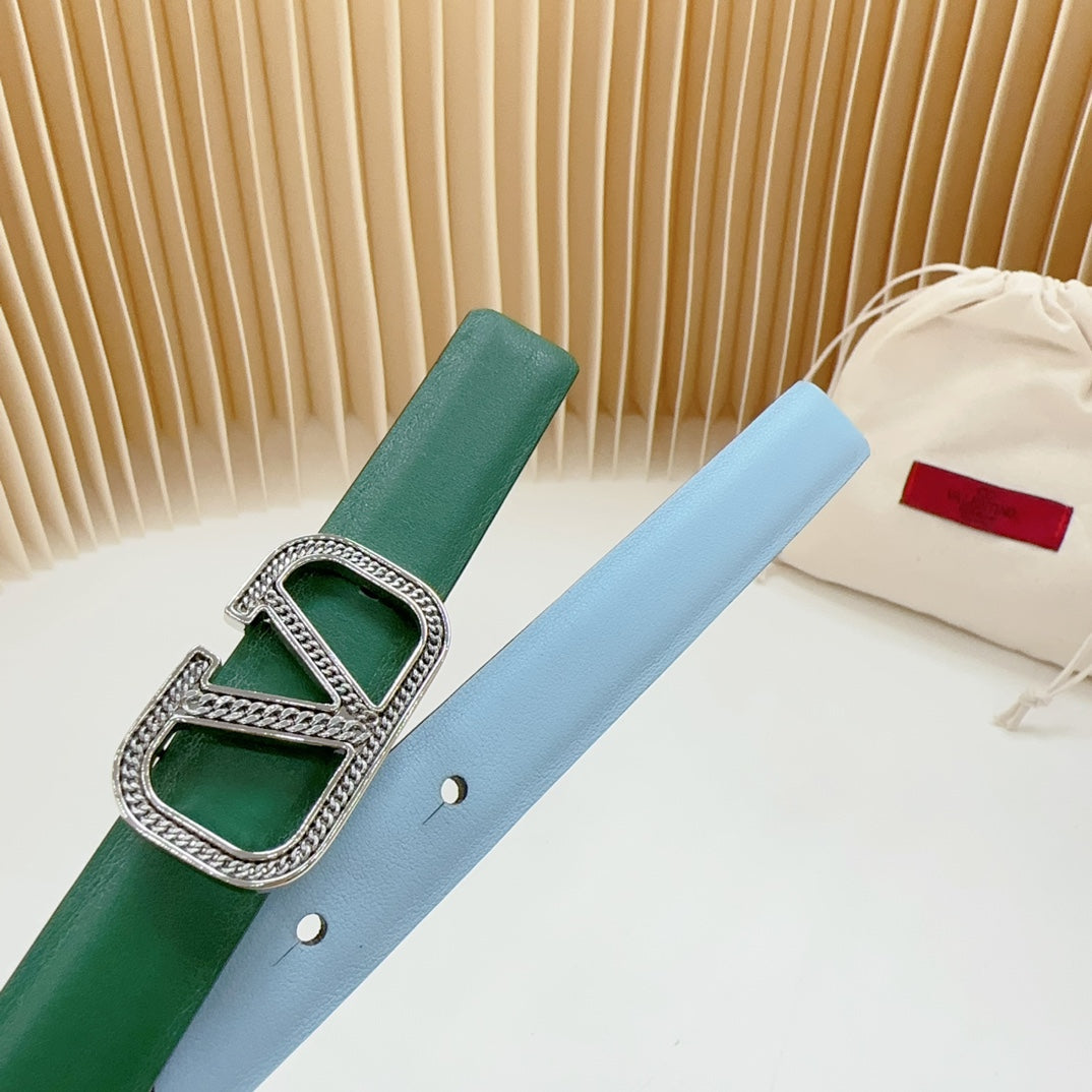 Vlogo Buckle Water Wave Silver Copper Glossy Dark Green Cloud Blue Leather 20mm Belt - 30