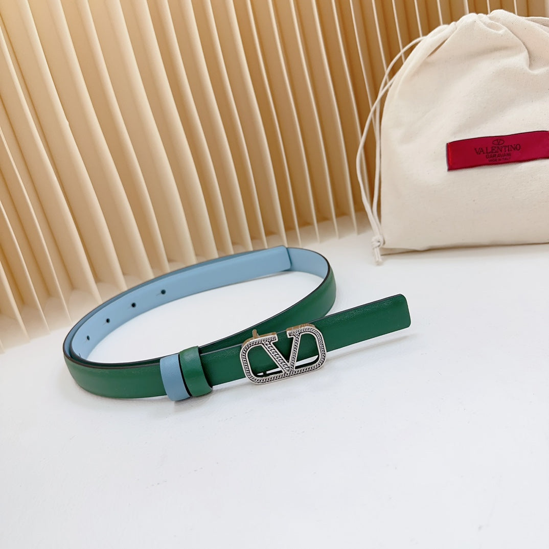 Vlogo Buckle Water Wave Silver Copper Glossy Dark Green Cloud Blue Leather 20mm Belt - 30