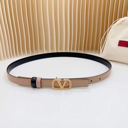 Vlogo Buckle Water Wave Gold Copper Glossy Beige Black Leather 20mm Belt - 30