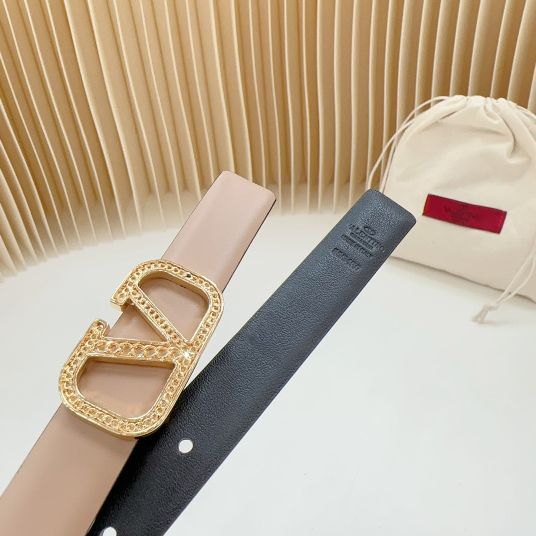 Vlogo Buckle Water Wave Gold Copper Glossy Beige Black Leather 20mm Belt - 30