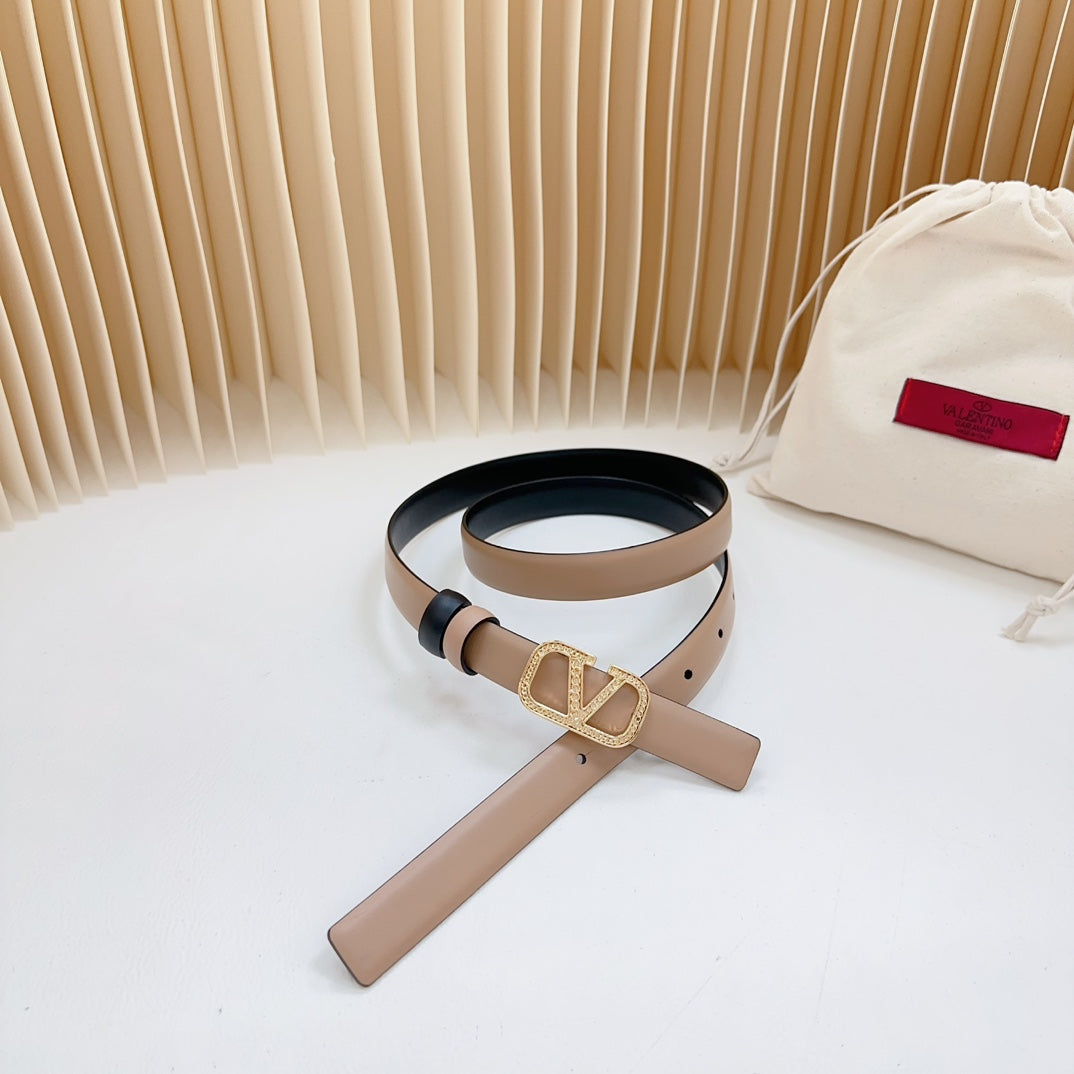 Vlogo Buckle Water Wave Gold Copper Glossy Beige Black Leather 20mm Belt - 30
