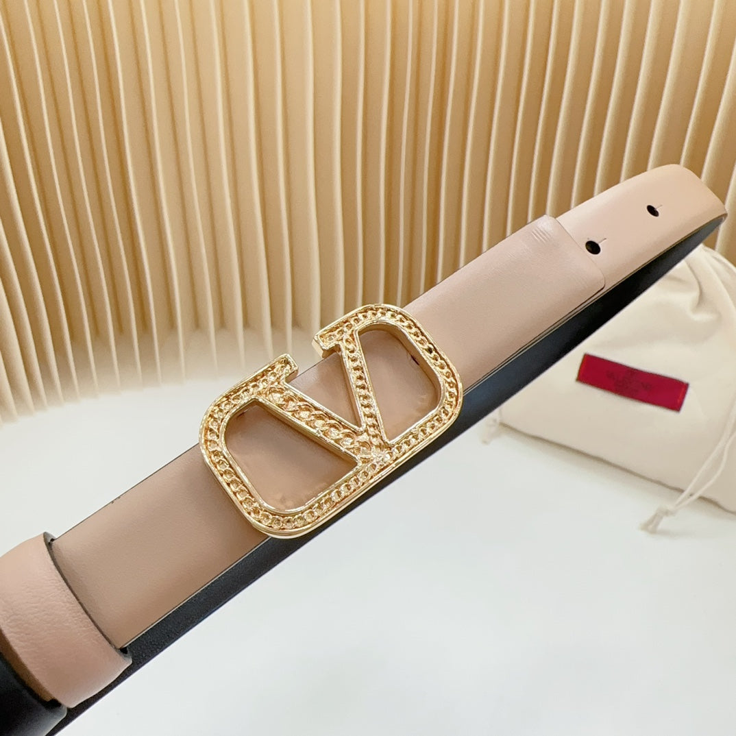 Vlogo Buckle Water Wave Gold Copper Glossy Beige Black Leather 20mm Belt - 30