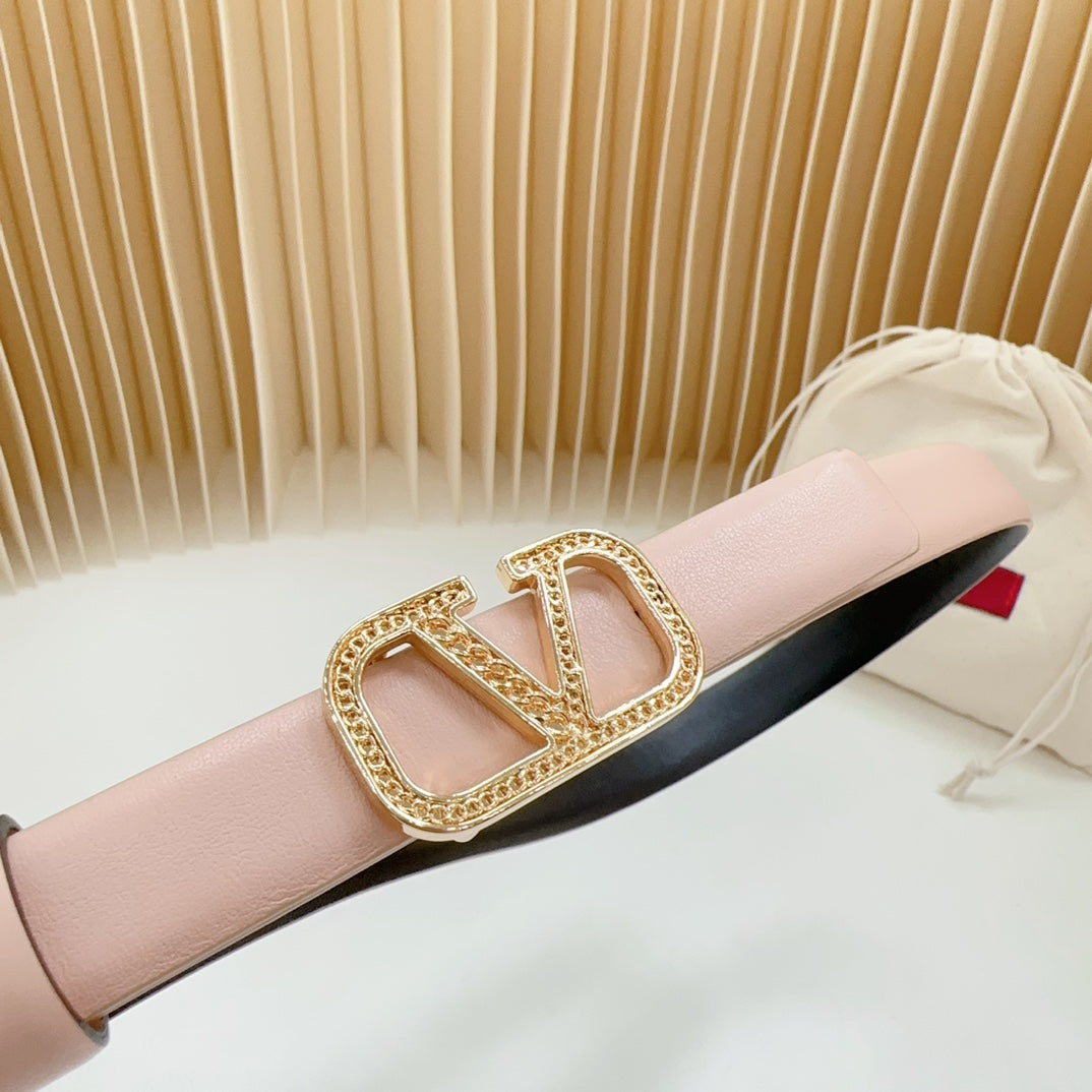 Vlogo Buckle Water Wave Gold Copper Glossy Light Pink Black Leather 20mm Belt - 30