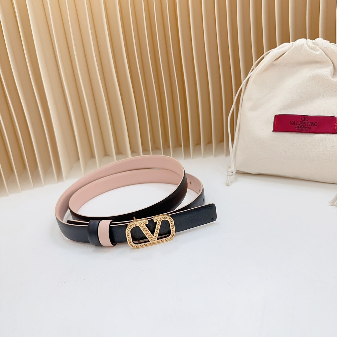 Vlogo Buckle Water Wave Gold Copper Glossy Light Pink Black Leather 20mm Belt - 30