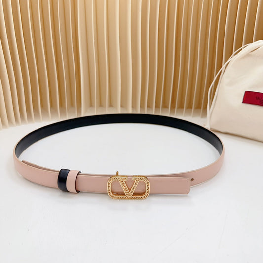 Vlogo Buckle Water Wave Gold Copper Glossy Light Pink Black Leather 20mm Belt - 30