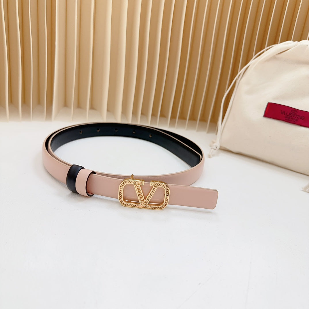 Vlogo Buckle Water Wave Gold Copper Glossy Light Pink Black Leather 20mm Belt - 30