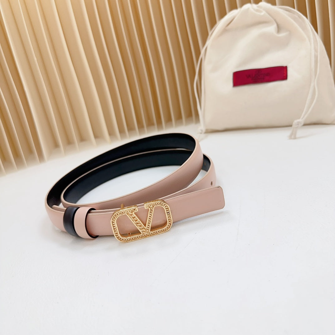Vlogo Buckle Water Wave Gold Copper Glossy Light Pink Black Leather 20mm Belt - 30