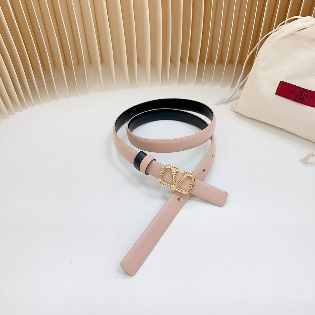 Vlogo Buckle Water Wave Gold Copper Glossy Light Pink Black Leather 20mm Belt - 30