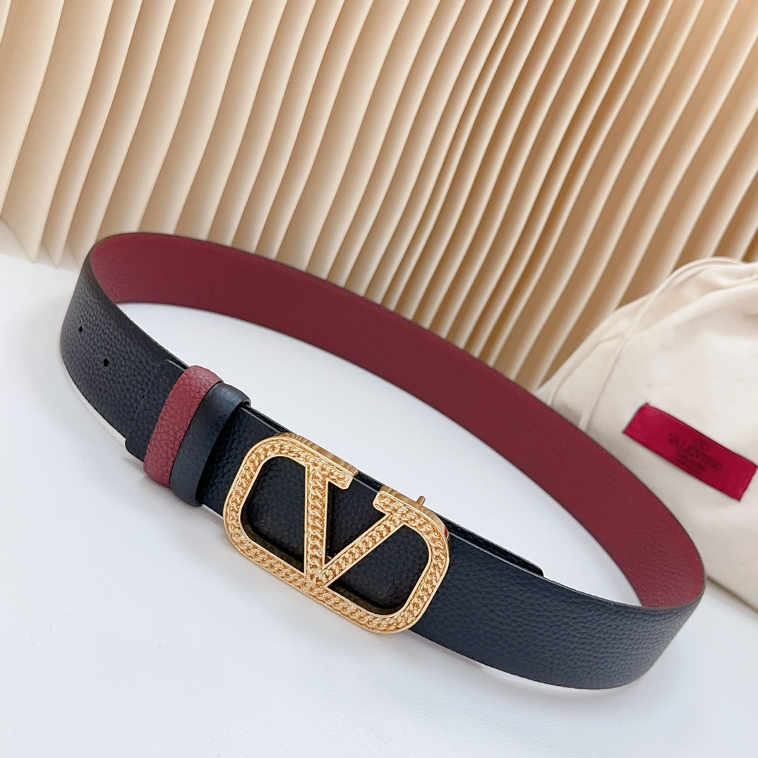 Vlogo Buckle Water Wave Gold Copper Glossy Wine Black Leather 40mm - 30