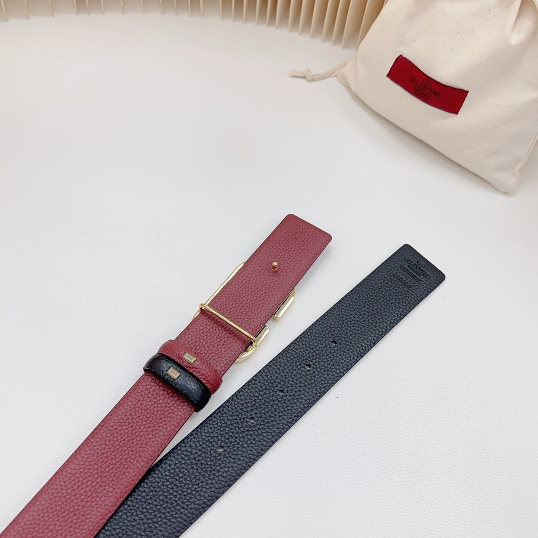 Vlogo White Gold Buckle Belt 40mm Wine Black Leather - 30