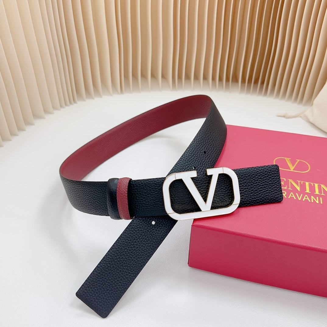 Vlogo White Gold Buckle Belt 40mm Wine Black Leather - 30