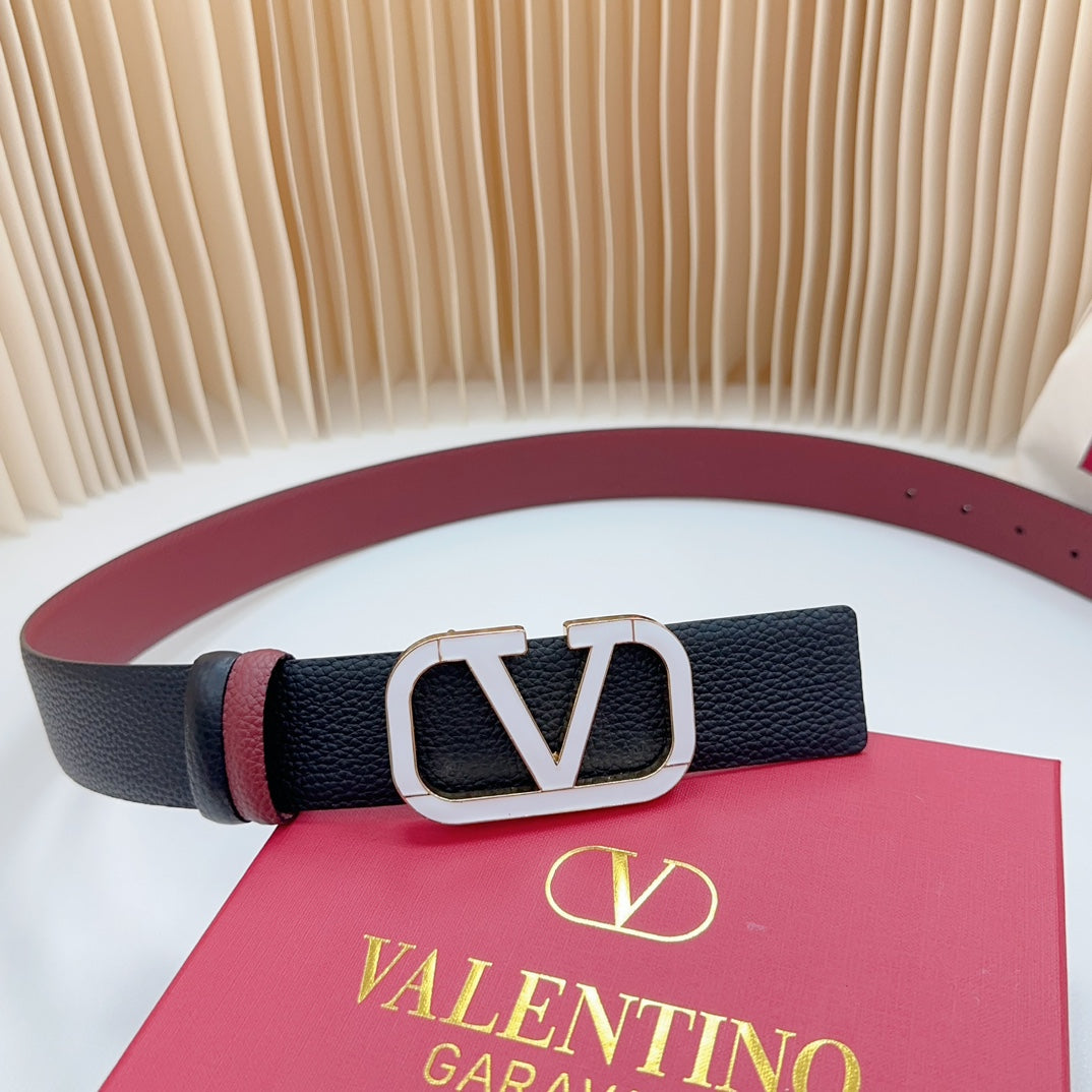 Vlogo White Gold Buckle Belt 40mm Wine Black Leather - 30