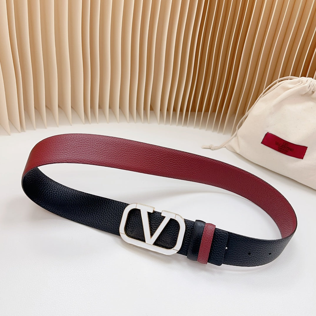 Vlogo White Gold Buckle Belt 40mm Wine Black Leather - 30