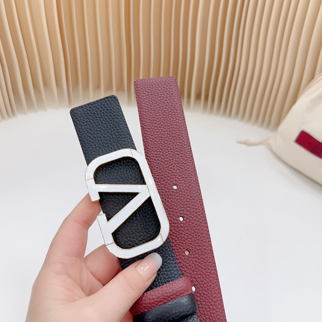 Vlogo White Gold Buckle Belt 40mm Wine Black Leather - 30
