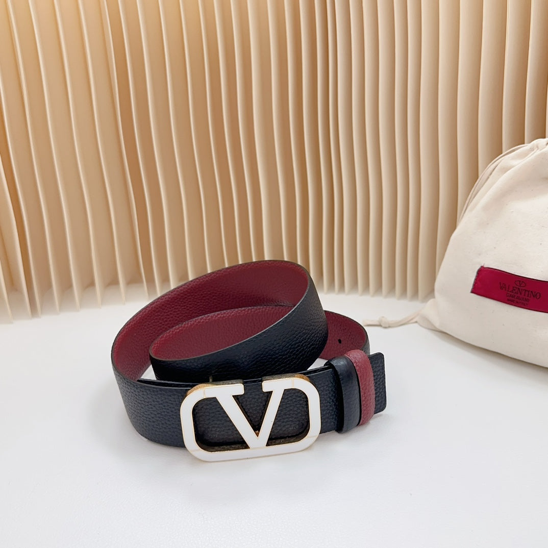 Vlogo White Gold Buckle Belt 40mm Wine Black Leather - 30