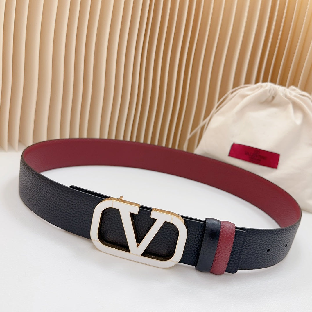 Vlogo White Gold Buckle Belt 40mm Wine Black Leather - 30
