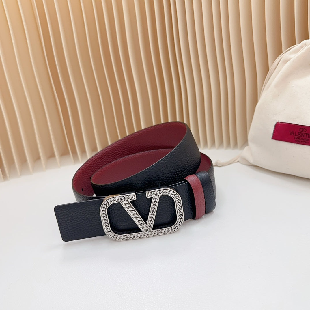 Vlogo Buckle Water Wave Silver Copper Glossy Wine Black Leather 40mm - 30