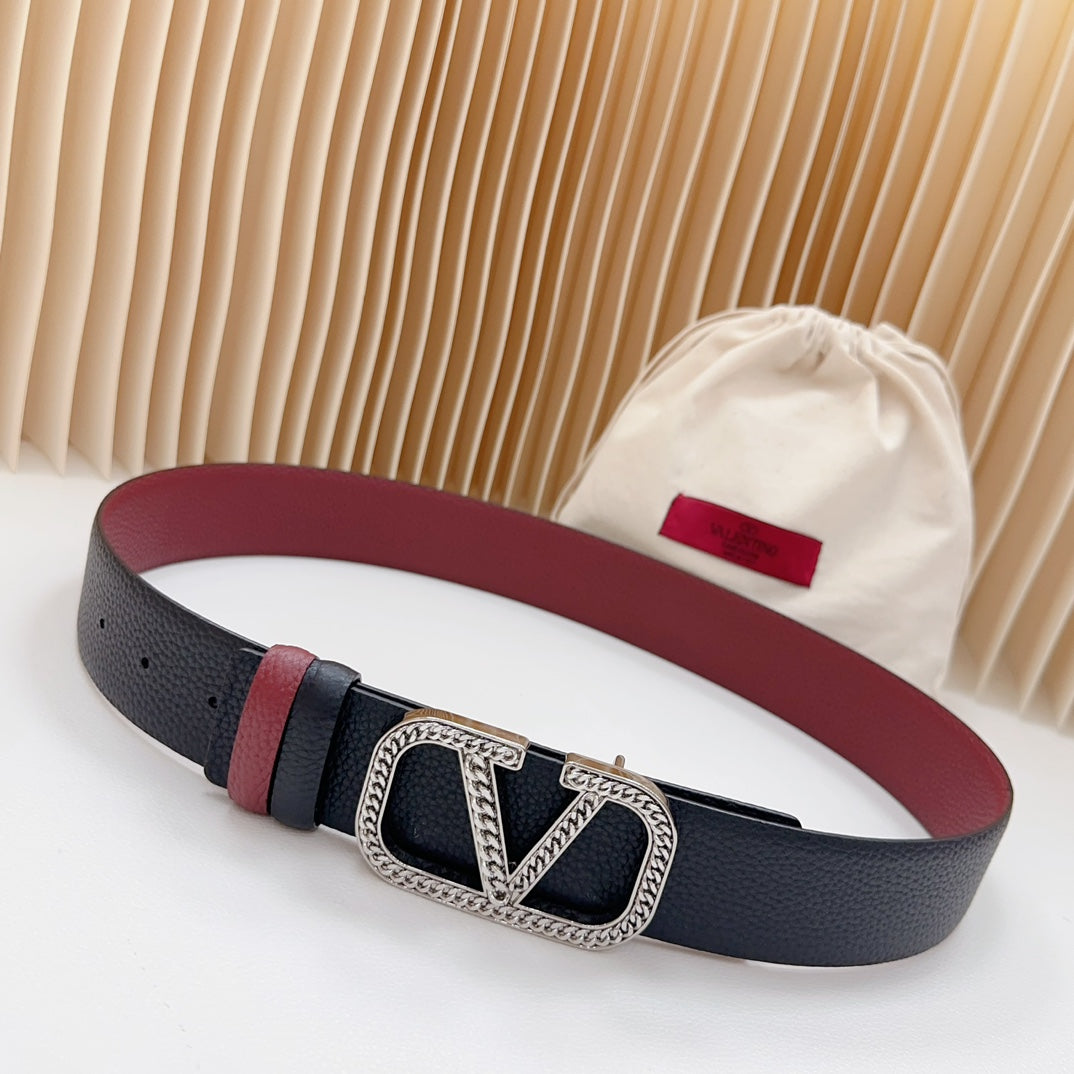 Vlogo Buckle Water Wave Silver Copper Glossy Wine Black Leather 40mm - 30