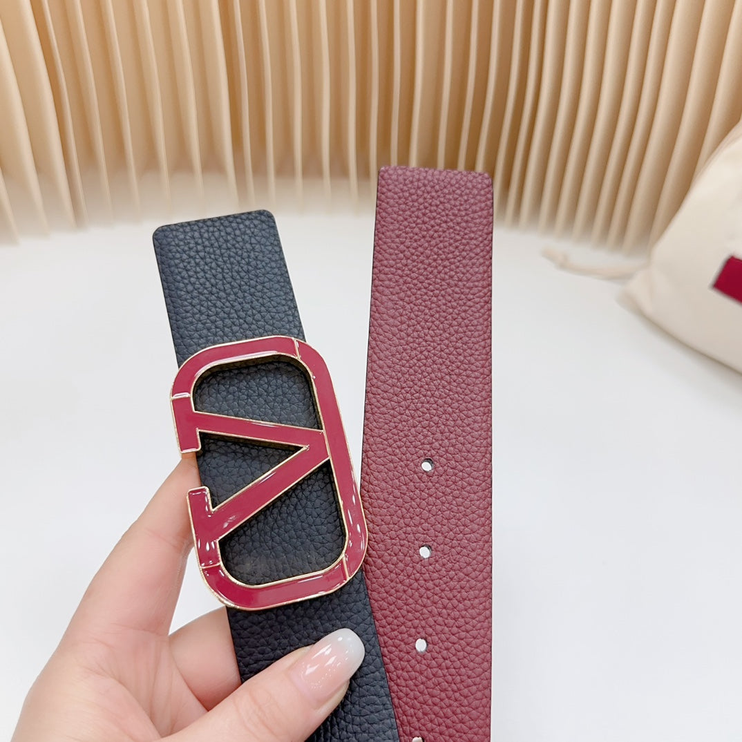 Vlogo Wine Gold Buckle Belt 40mm Wine Black Leather - 30