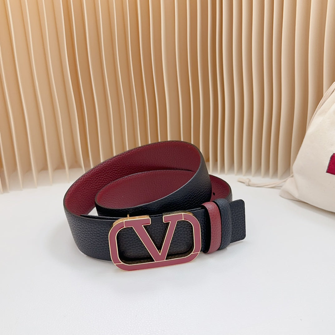 Vlogo Wine Gold Buckle Belt 40mm Wine Black Leather - 30