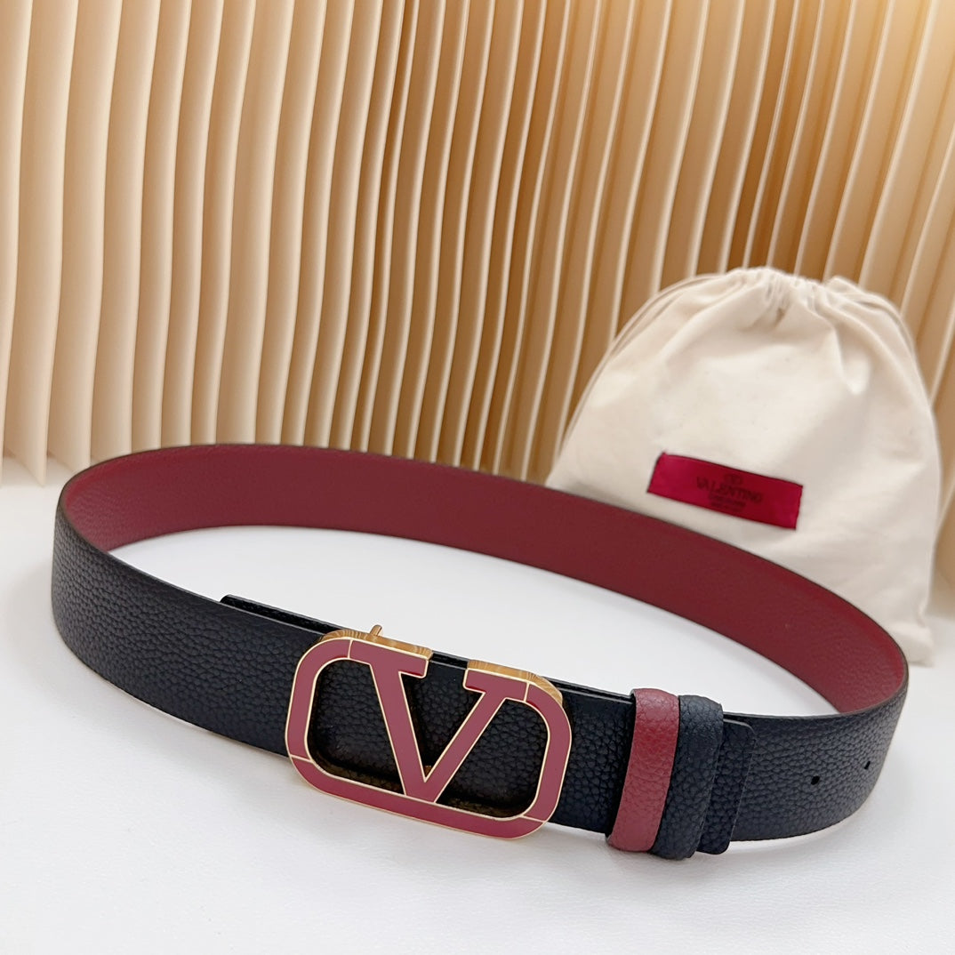 Vlogo Wine Gold Buckle Belt 40mm Wine Black Leather - 30