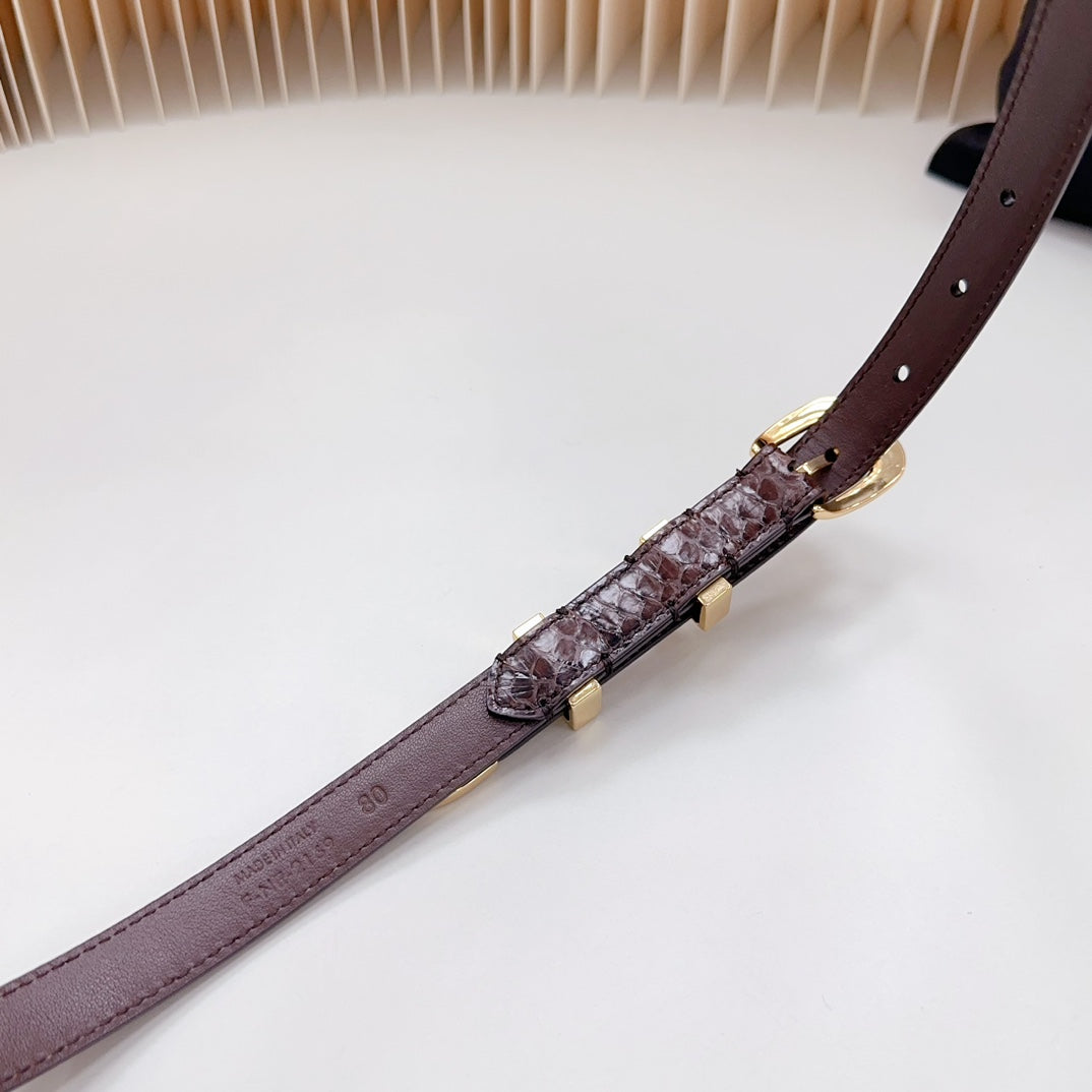 Small Western Belt 18mm Brown Snake Embossed Calfskin Light Gold Hardware - 30