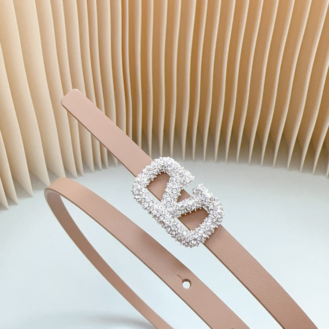 VL Belt 8mm Buckle Silver Diamond Leather Beige - 30