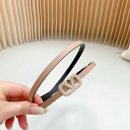 VL Belt 8mm Buckle Gold Diamond Leather Beige Black - 30
