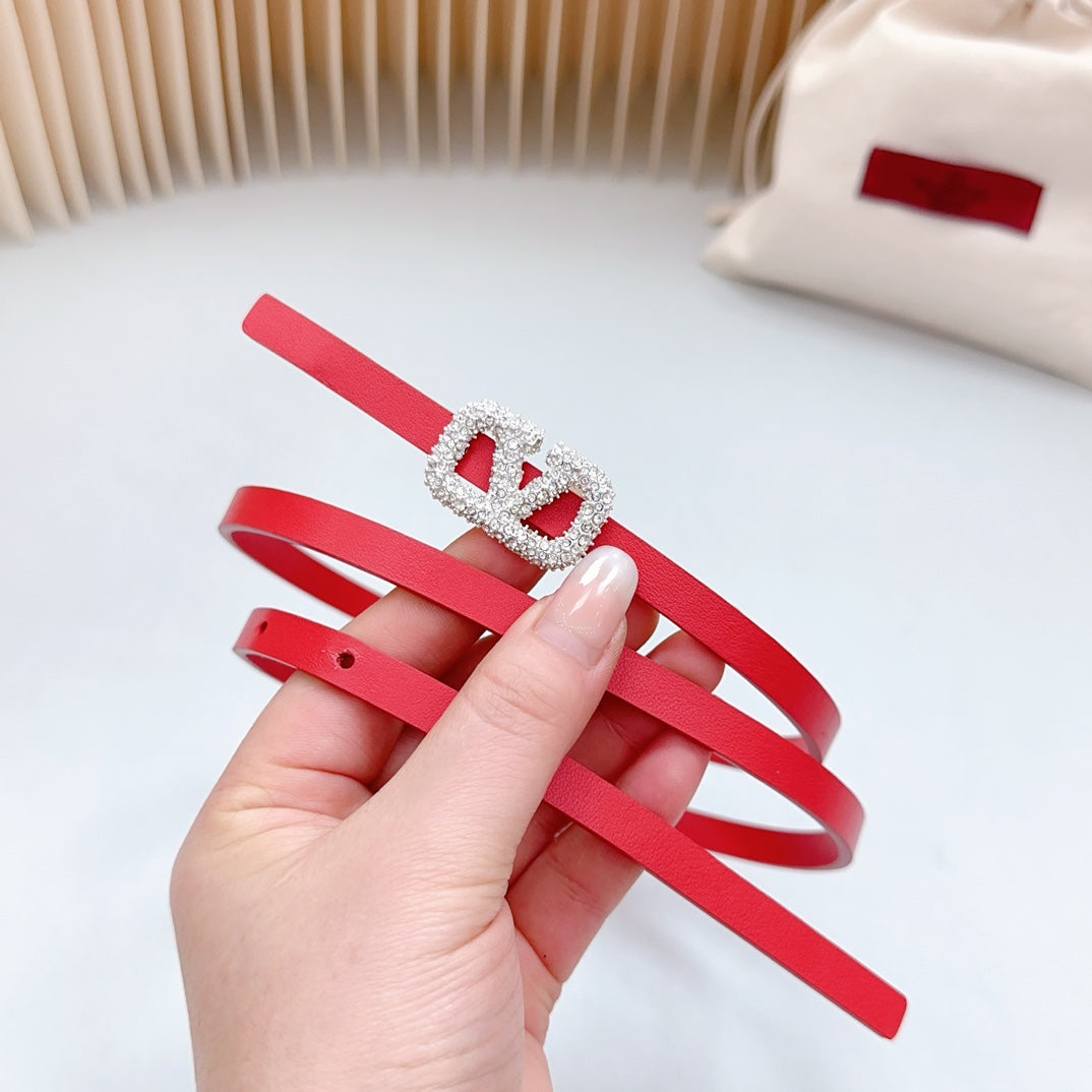 VL Belt 8mm Buckle Silver Diamond Leather Red - 30