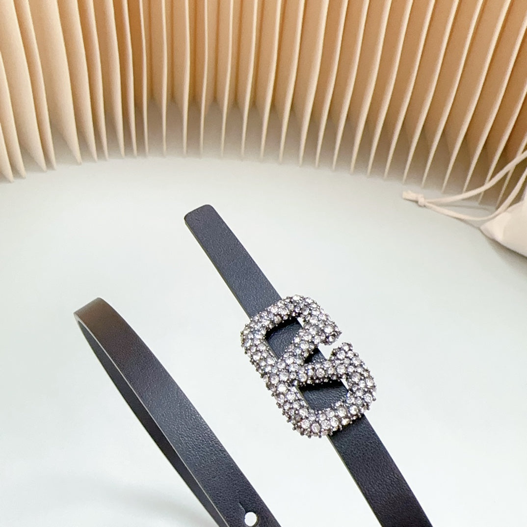 VL Belt 8mm Buckle Silver Diamond Leather Black - 30