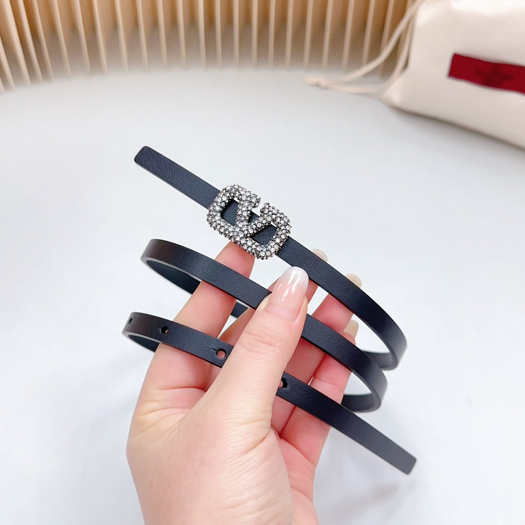 VL Belt 8mm Buckle Silver Diamond Leather Black - 30