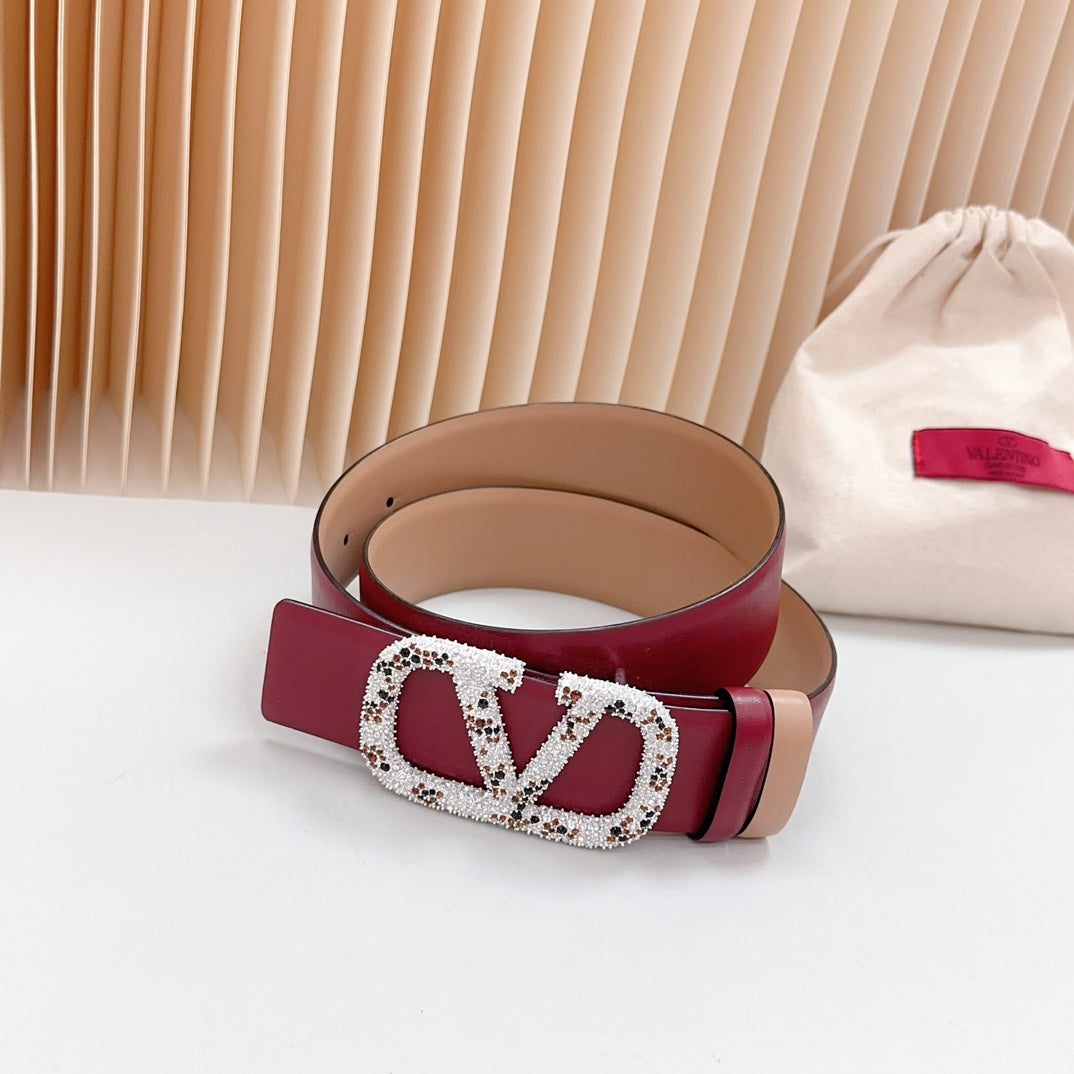 Vlogo Brown Black White Stone Silver Buckle Belt 40mm Wine Beige Leather - 30